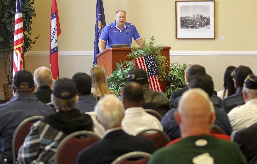 Louis Roy, a veteran of the U.S. Marine Corp., speaks at the November 11 Veterans Day program at SAU’s Grand Hall.