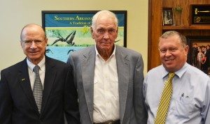 SAU President Dr. David Rankin, Ted Monroe, Sr., and People’s Bank Professor of Finance Dr. David Ashby pose for a photo after a meeting to discuss the farm land.